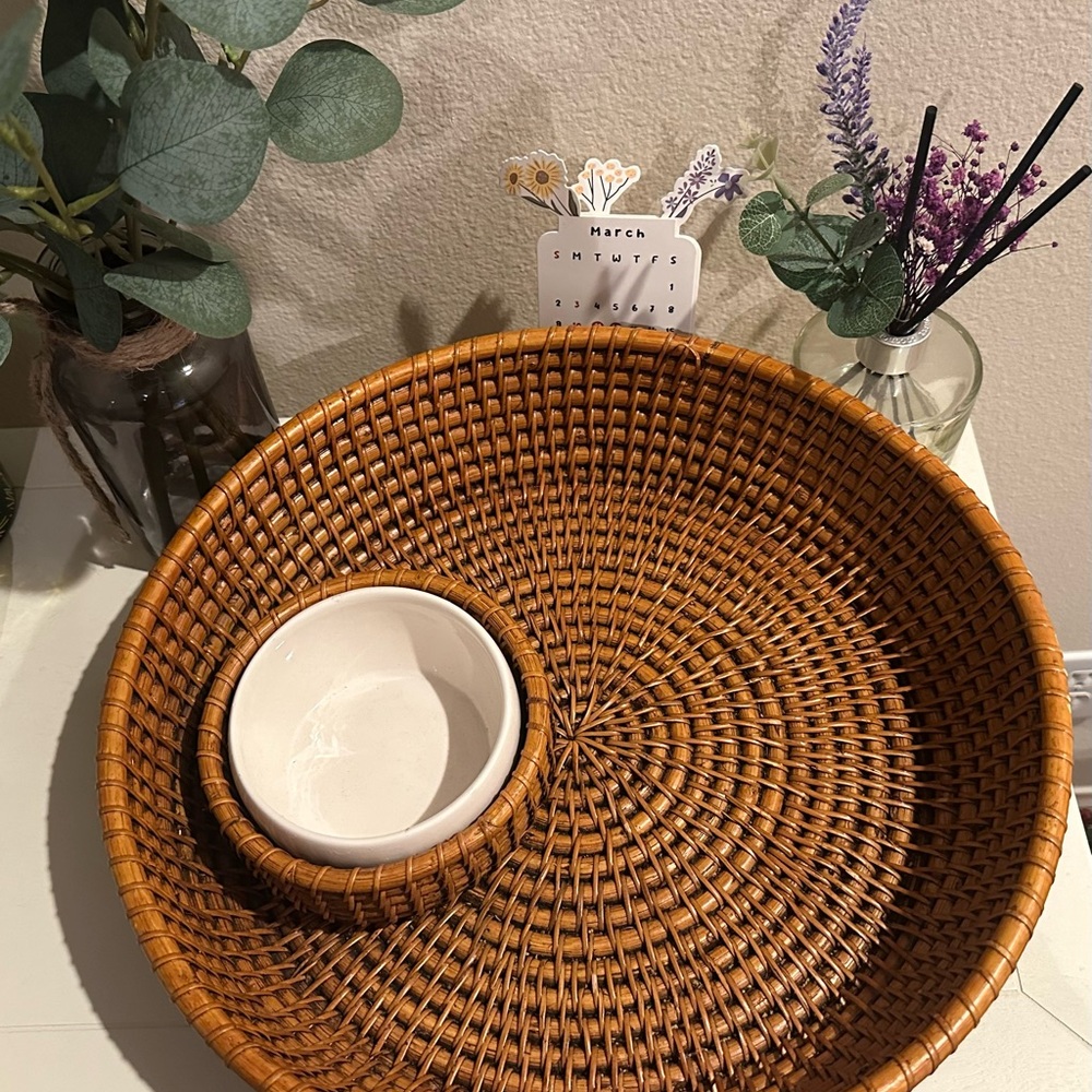 Woven Rattan Snack Basket with Ceramic Bowl